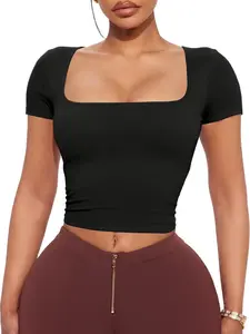 Tournesol Women's Square Neck Double Lined Tops for Summer Shortsleeve Sexy Slim Fit T-Shirt Cute Going Out Crop Tees Soft Stretchy Basic Workout Tops 019