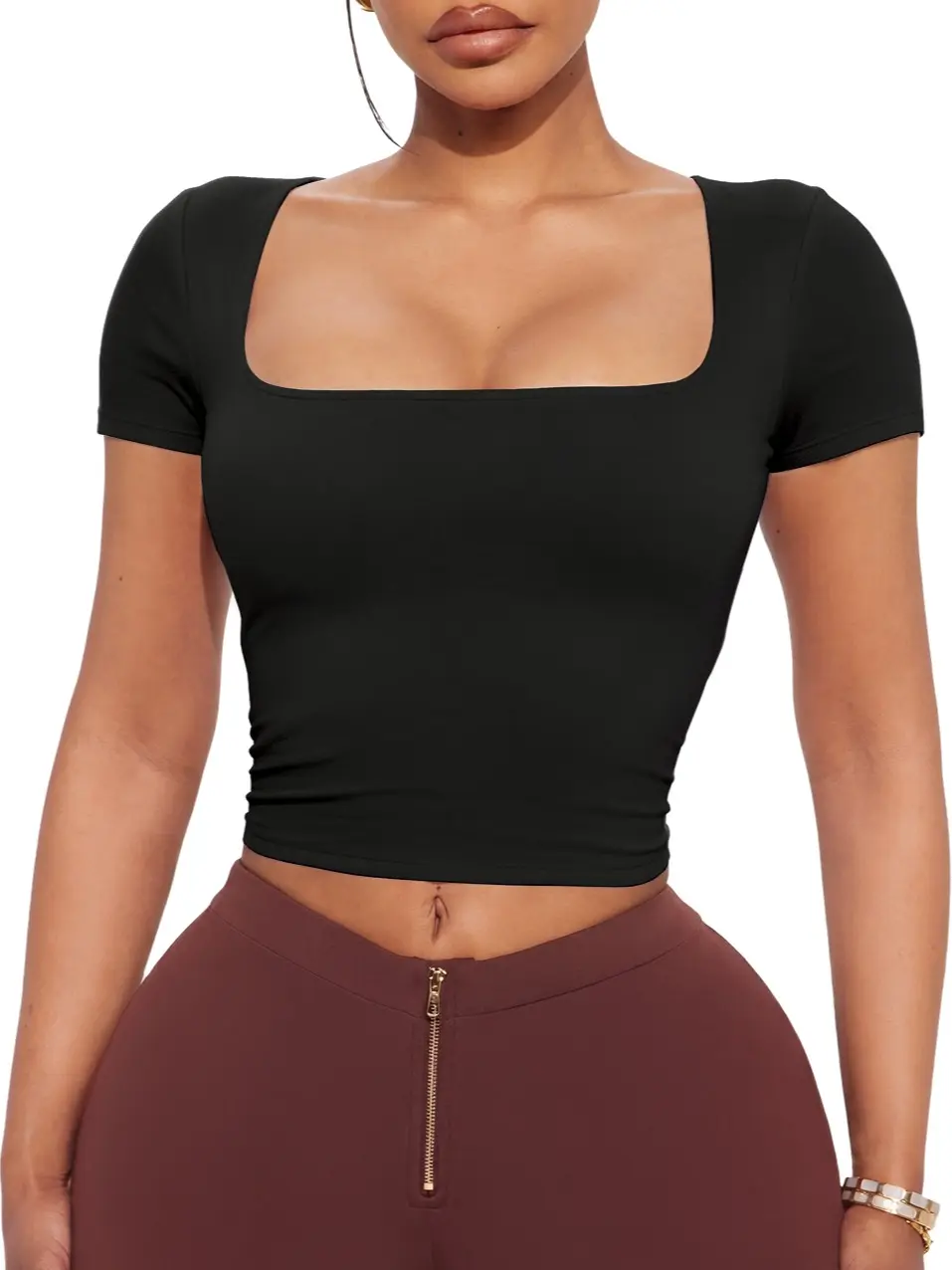 Tournesol Women's Square Neck Double Lined Tops for Summer Shortsleeve Sexy Slim Fit T-Shirt Cute Going Out Crop Tees Soft Stretchy Basic Workout Tops 019