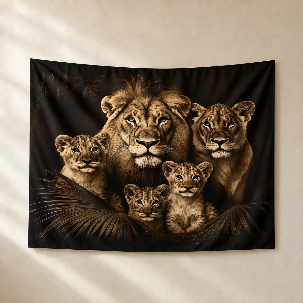 1PC Black Gold Lion Family Backdrop, Reusable Polyester Wildlife Jungle Photography Background with Lioness & Cubs, Safari Animal Party Photo Booth Decor