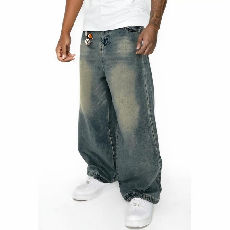 Clean Gent Vintage Washed Jeans Men's Loose Fit Wide Leg Denim Pants American Street Style Casual Trendy All Season Apparel