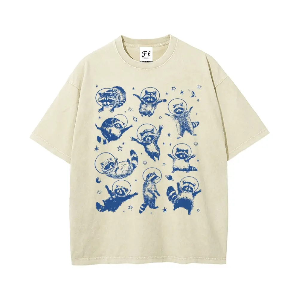 Menswear Vintage Astronaut Raccoon Star Print Oversize Unisex Washed Batik Cotton T-Shirt - Basic Men's Clothes, Short-Sleeve, Round Neck, Stretch, Super Soft, Pre-Shrunk Casual Streetwear Graphic Top