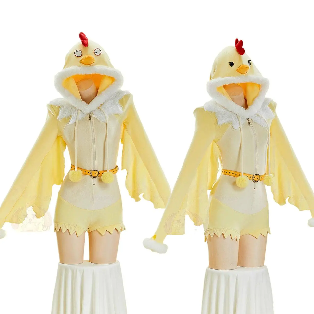 Anime Kawaii Cream Yellow Chicken Plush Onesie Clothes, Sexy Furry Lingerie Romper Halloween Costume with Eyes and Socks