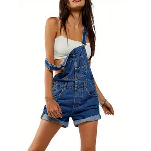 Women Denim Bib Overalls Adjustable Straps Pocket Romper Shorts Casual Rolled Cuff Shortalls