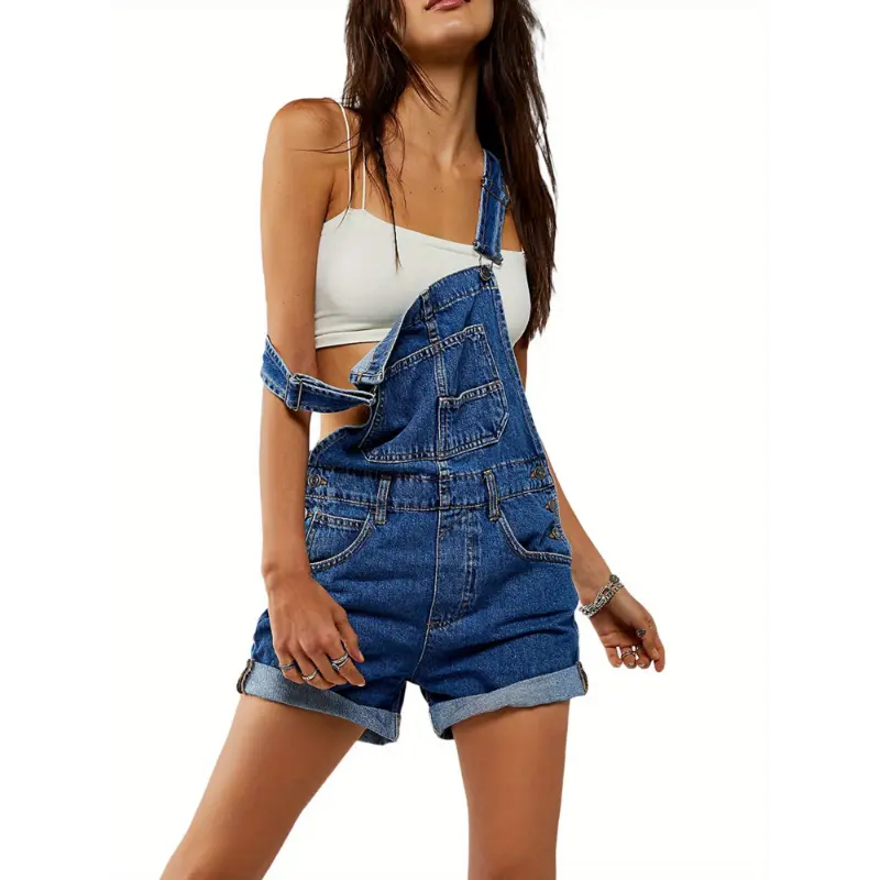 Women's Denim Bib Overalls - Adjustable Straps, Pocket Design, Rolled Cuff Shortalls with Cotton-Polyester Fabric for Casual Slay, Strappy