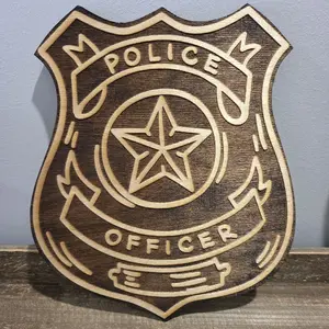 Police Sign - Wooden Police Officer Badge with Star Design and "POLICE OFFICER" Text