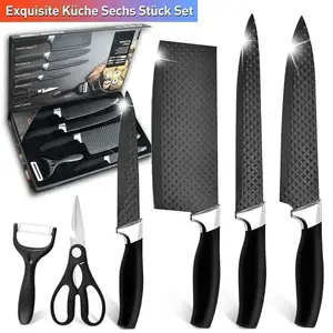Professional 6-Piece Kitchen Knife Set: chef’s knife, slicing knife, scraper, scissors, high carbon stainless steel—super sharp—with non-stick ergonomic wooden handles. Chef’s knife set suitable for family travel, gift box set, creative party favors.