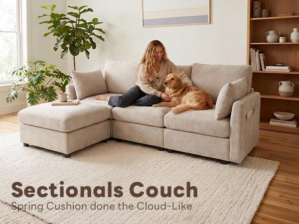 Sectional  Cloud Sofa with Ottoman – Cozy Modular Couch for Relaxing, Lounging & Everyday Living, Khaki