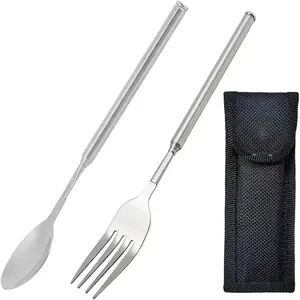 Extendable Fork, Durable Stainless Steel Telescopic Fork Retractable Dinner Forks Dessert BBQ Dinner Fruit Long Handle Telescoping Fork Cutlery for Cooking 8.7-25.4Inch (Fork & Spoon Set)