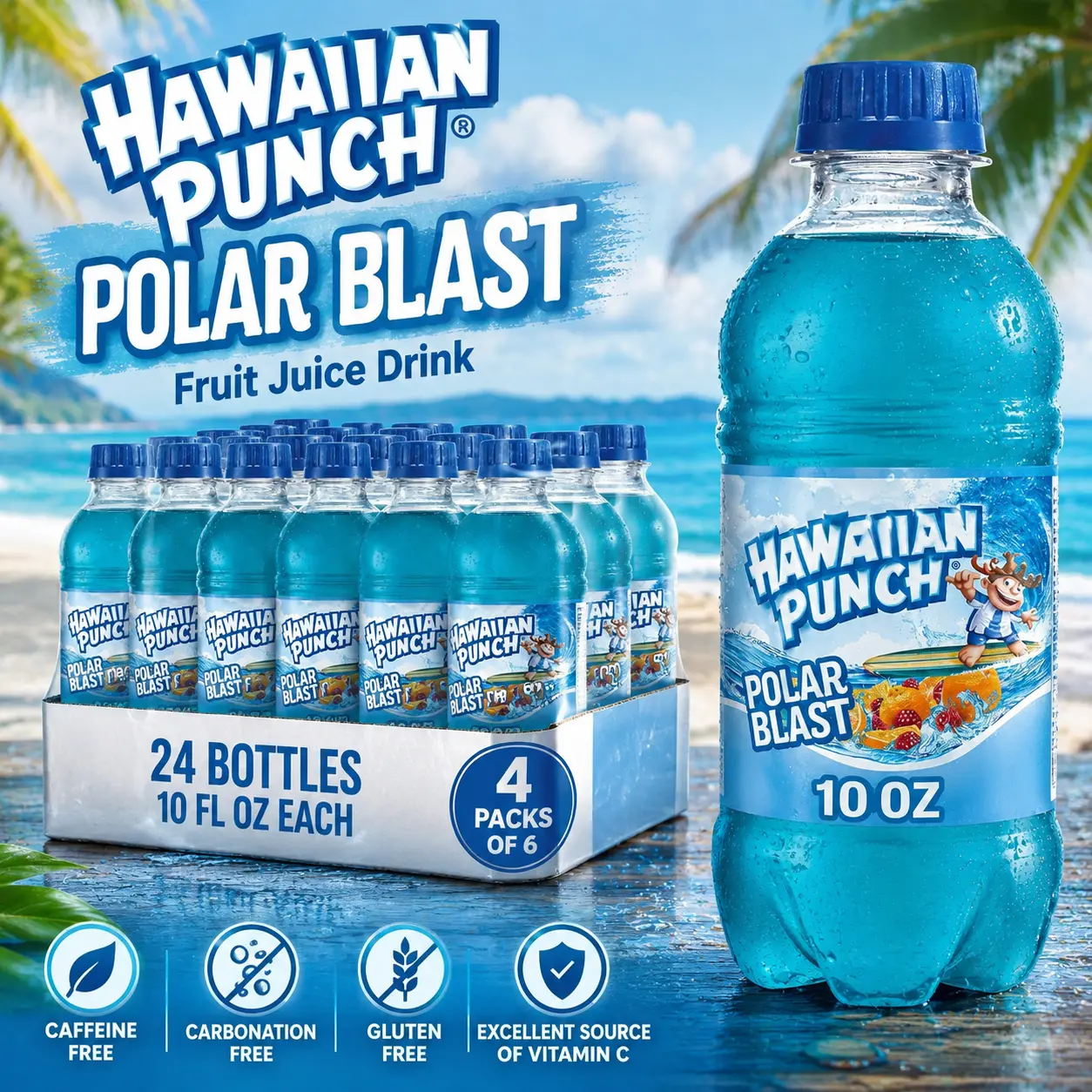 Hawaiian Punch Polar Blast Fruit Juice Drink, 10 Fl Oz Bottles, 24 Count (4 Packs Of 6), Ready-to-drink, On-the-go, Caffeine-free, Carbonation-free, Gluten-free, Excellent Source Of Vitamin C