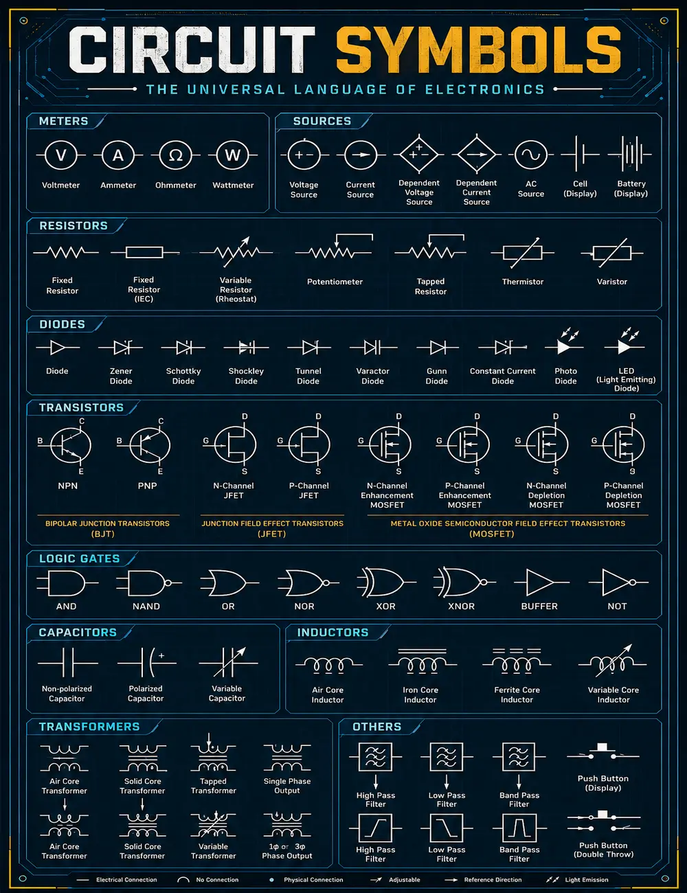 Circuit Symbols Poster, Electrical Engineering Wall Art, Electronics Reference Chart, Circuit Diagram Poster, Resistor Diode Transistor Capacitor Logic Gates Chart, Engineering Classroom Decor, STEM Study Room Office Wall Decor Gift for Students & Teacher