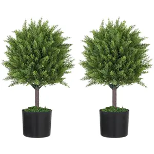 HOMCOM Artificial Plants Set of 2 Decorative Cedar Topiary Trees in Pots, Fake Plants for Home Indoor Outdoor Front Porch, 21.7 inch, Green