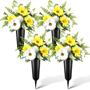 4 Set 8 Pcs Artificial Cemetery Chrysanthemum with Vase for Grave Artificial Mums Bouquet Memorial Day Father's Day Funeral Gravesite Flowers Arrangements Decoration for Outdoor Lawn Yard Decor