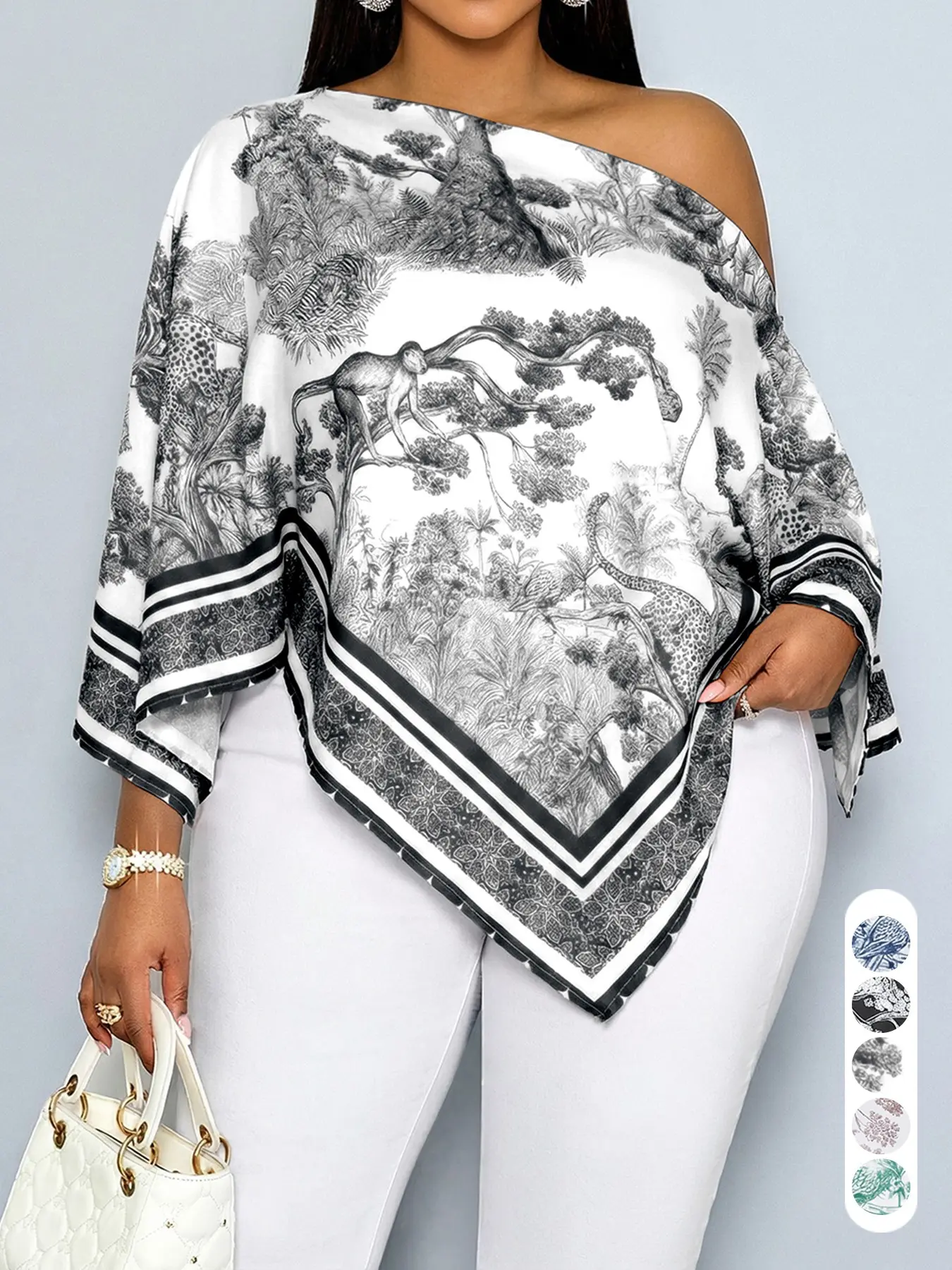 Plus Size New Summer Casual Elegant Women's Printed Blouse, Asymmetrical Hem Batwing Sleeves Loose Fashion Shirt, Versatile Daily Wear