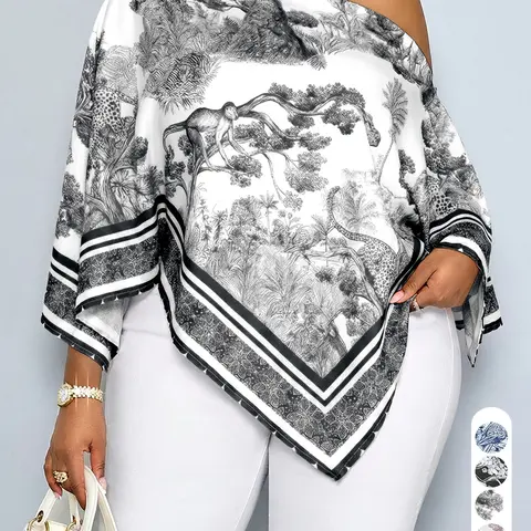 Plus Size New Summer Casual Elegant Women's Printed Blouse, Blouses Shirts, Asymmetrical Hem Batwing Sleeves Loose Fashion Shirt, Versatile Daily Wear