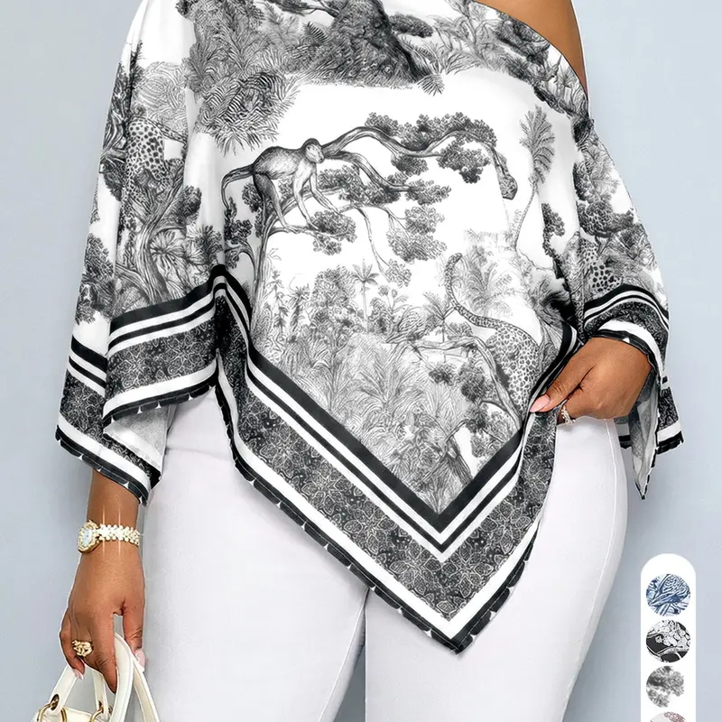 Plus Size New Summer Casual Elegant Women's Printed Blouse, Blouses Shirts, Asymmetrical Hem Batwing Sleeves Loose Fashion Shirt, Versatile Daily Wear