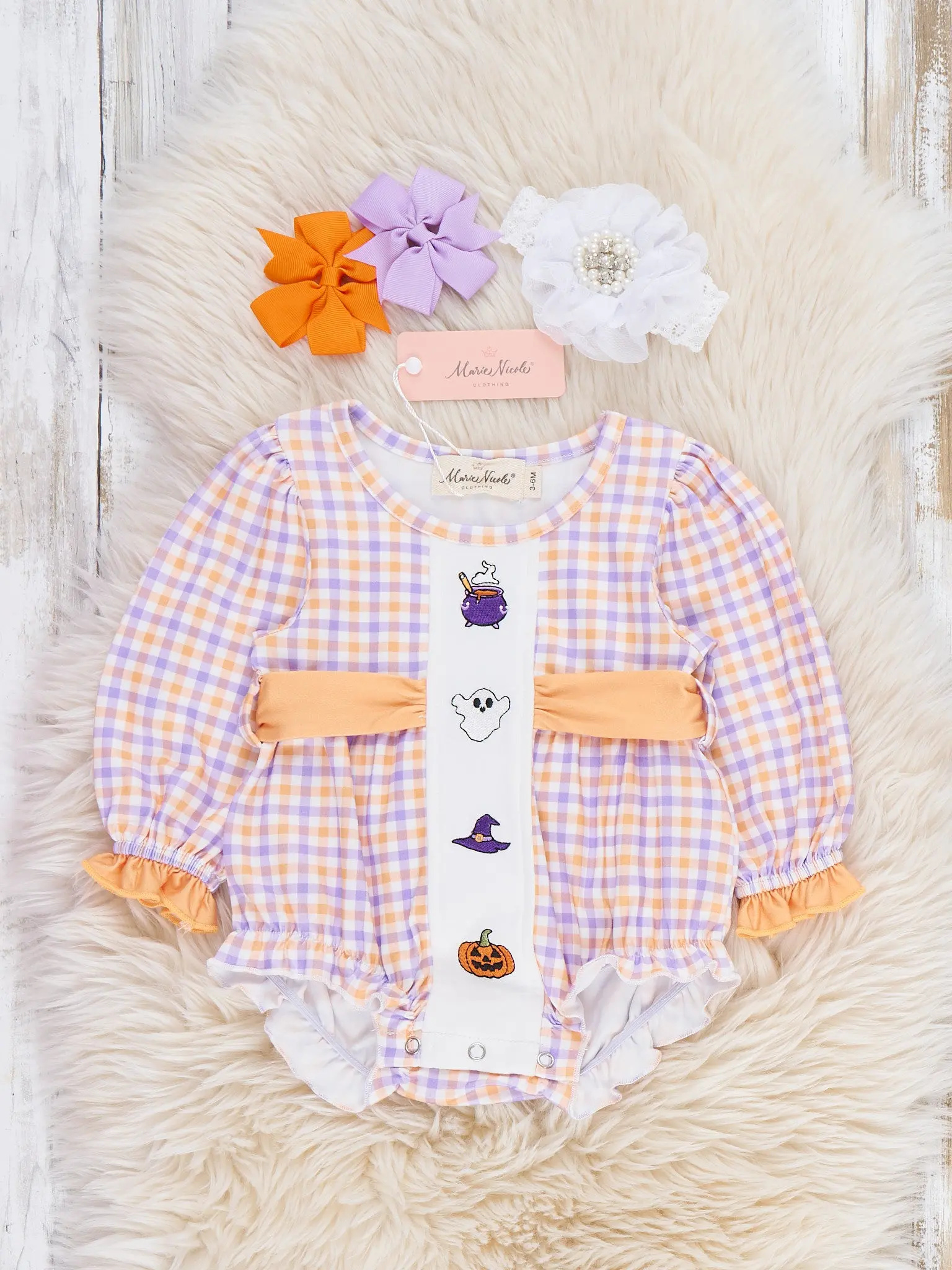 Haunted Halloween Plaid Embroidered Bubble Romper