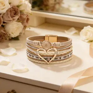 Sparkly Heart Boho Wrap Bracelet | Multi-Layer Faux Leather Rhinestone Bracelet for Women