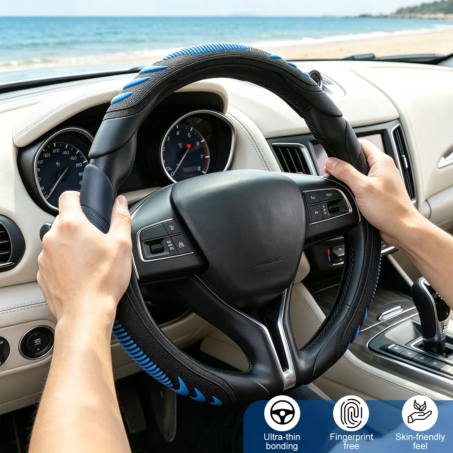 Non-Slip Car Steering Wheel Cover, Universal 14-16 Inch Breathable Anti-Slip Grip Protector, Comfortable Auto Interior Accessory Fit for Most Cars SUVs Trucks