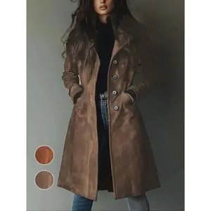 Women's Suede Coat Elegant Vintage Design Durable Material Single Button Mid-Length Commuter Outdoor Wear