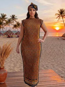 Fashion Geometric Print Set with Slim-Fitting Long Skirt and Shawl, Stylish Beach Cover-Up, Swimwear Cover Up with Scarf for All Seasons