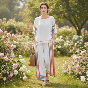 Women's Linen Striped 2 Piece Sets Summer Oversized Loose Half Sleeve Tops Tshirt and Wide Leg Pants Fashion Outfits
