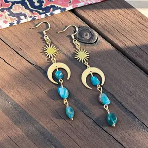Celestial Sun & Moon Earrings – Raw Apatite Gemstone Dangle Earrings, Gold Boho Witchy Jewelry, Blue Crystal Drop Earrings