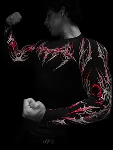 Men's Gothic Print Long Sleeve Top, High Elasticity Quick-Dry Breathable Compress Fabric, Dry Fit Compression, Slim Fit for Gym Training & Streetwear
