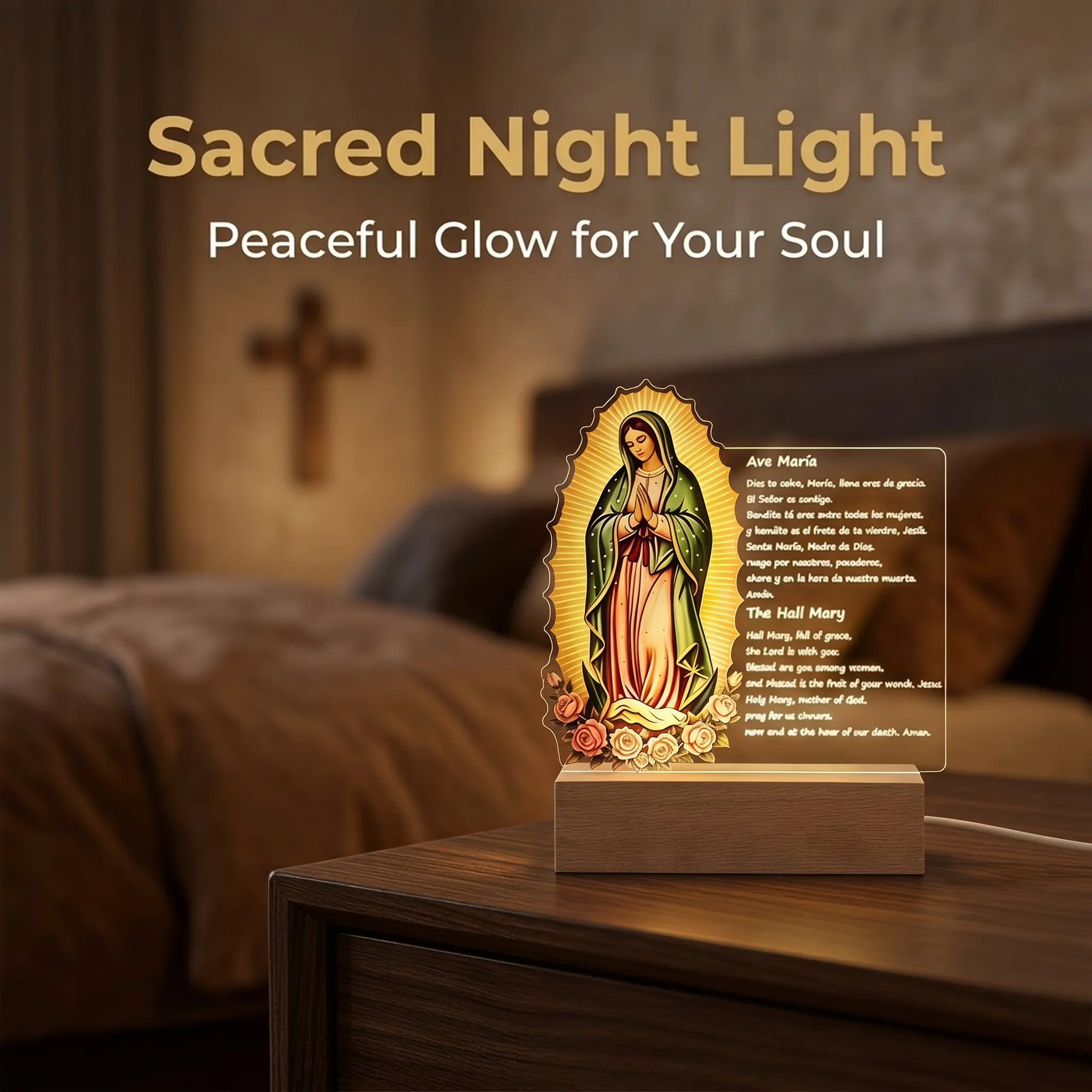 Our Lady of Guadalupe Acrylic LED Night Light with Colorful Solid Wood Base - Bilingual Hail Mary Prayer Lamp, Soft Warm Eye-Care Luminous Glow, Religious Home Decor for Christmas, Study, Ideal Mother’s Day Gift for Bedroom Prayer Altar