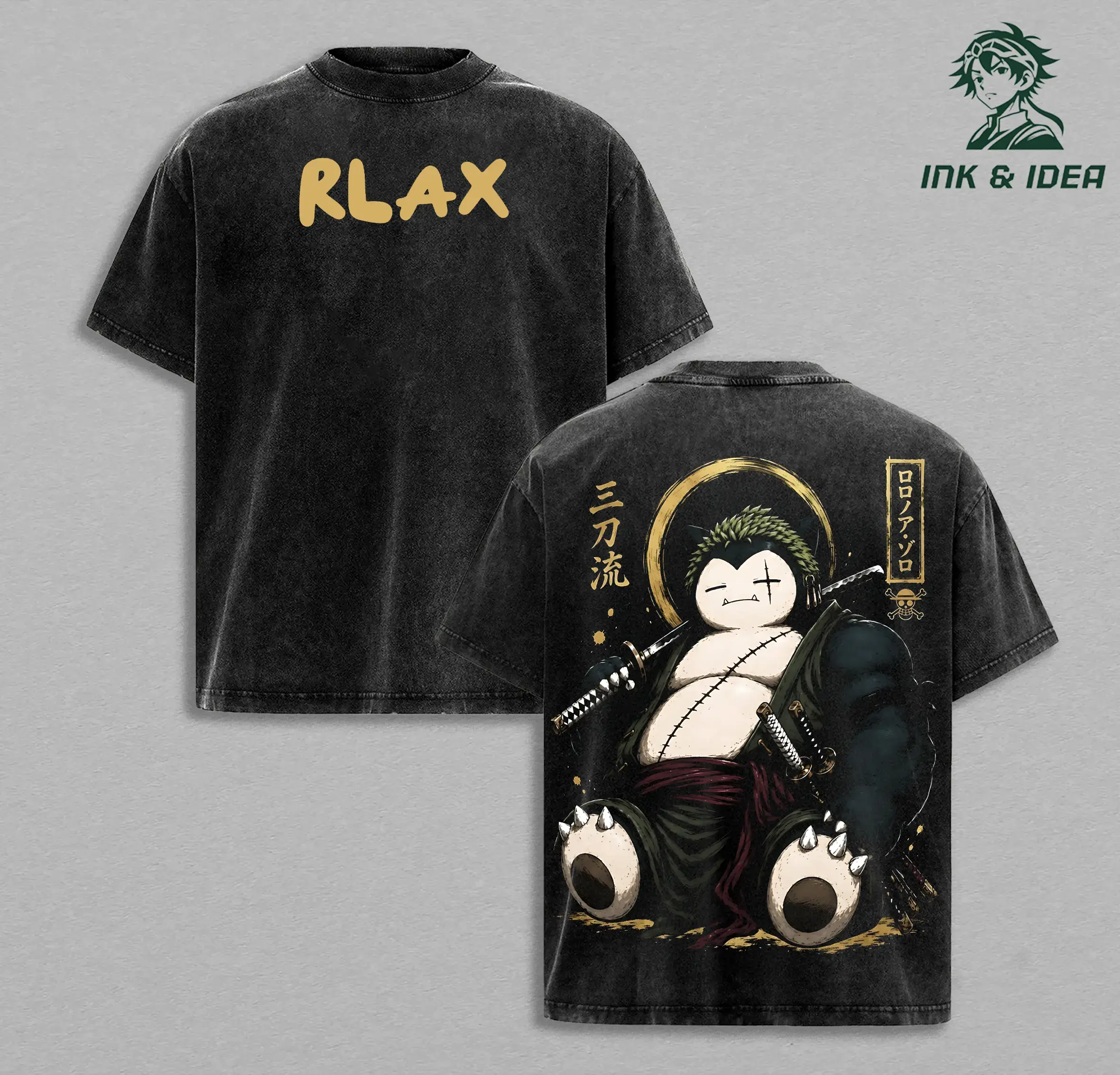 Men's Snorlax Inspired Heavyweight Cotton Graphic Tee - Crew Neck, Shortsleeve, Regular Fit, Machine Washable, Casual Menswear Tops Apparel, Fan Gift, Black, S-XXXL