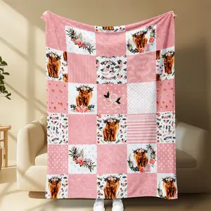 Highland Cow Patchwork Blanket, Floral Boho Quilt-Style Throw, Cute Cow & Calf Design, Super Soft Cozy Fleece, Perfect Sofa Bed Gift