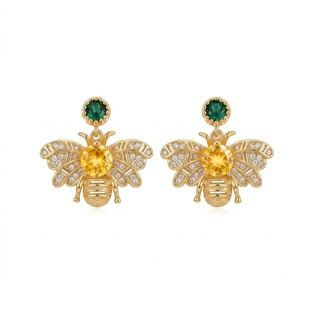 The Golden Apiary Emerald Bee Stud Earrings - Hypoallergenic Antique-Tone Costume Jewelry with Bee Motif, Botanical Theme, Enamel Accent Fashion Accessory