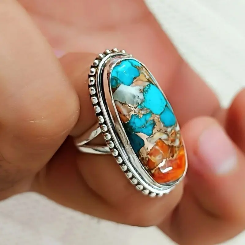 Vintage Synthetic Turquoise Ring - Bohemian Vintage, Colorful Fashion, Casual Style Options - Teenager Costume Jewelry for Anniversaries, Birthday Parties (Random Turquoise Pattern), Vintage Rings, Bohemian Vintage Rings