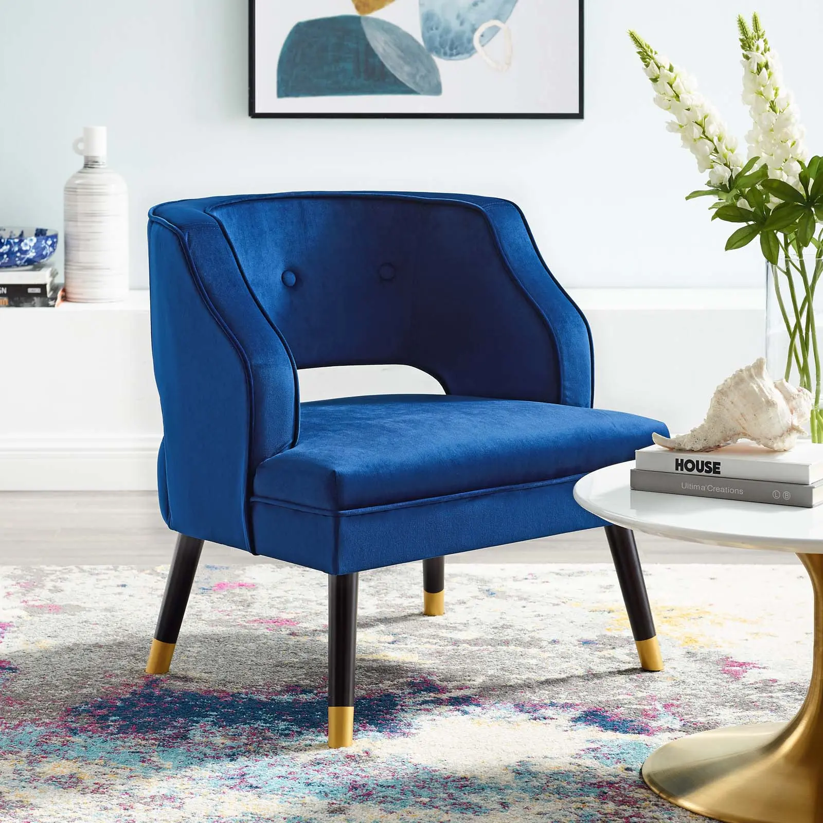 Modway Traipse Button-Tufted Open-Back Performance Velvet Armchair, Navy Backrest Floor Plush Vintage Sculptural Living Room Indoor Furniture, Backrest Living Room Furniture, Floor Chair Living Room Furniture