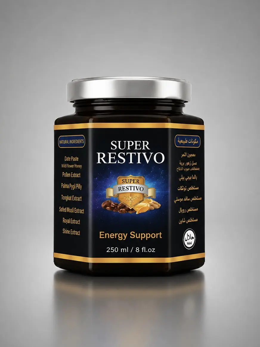 Super Restivo Energy Support Honey blend 250 ml | Natural Date Pasta, Honey, Bee Pollen & Ginger | Halal| 8 fl Oz