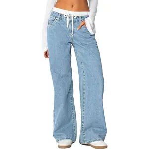 Imily Bela  Womens Wide Leg Jeans High Waisted Drawstring Color Block Patchwork Baggy Loose Y2K Denim Pants with Pockets