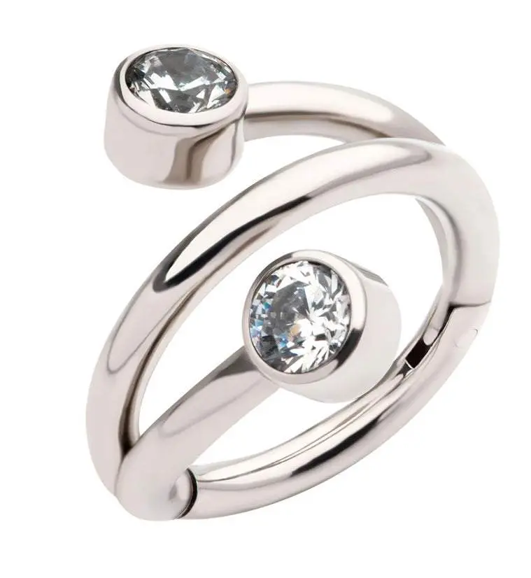 Titanium Metal Segmented Wrap Ring - Cubic Zirconia Stacking Ring with Double Sparkly Stones, Hinged Segment for Easy Insertion