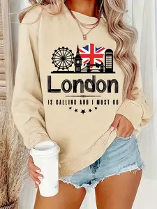 Women's London Graphic Print Crew Neck Sweatshirt, Casual Drop Shoulder Long Sleeve Pullover, Women's Fall & Winter Clothes for Daily Wear