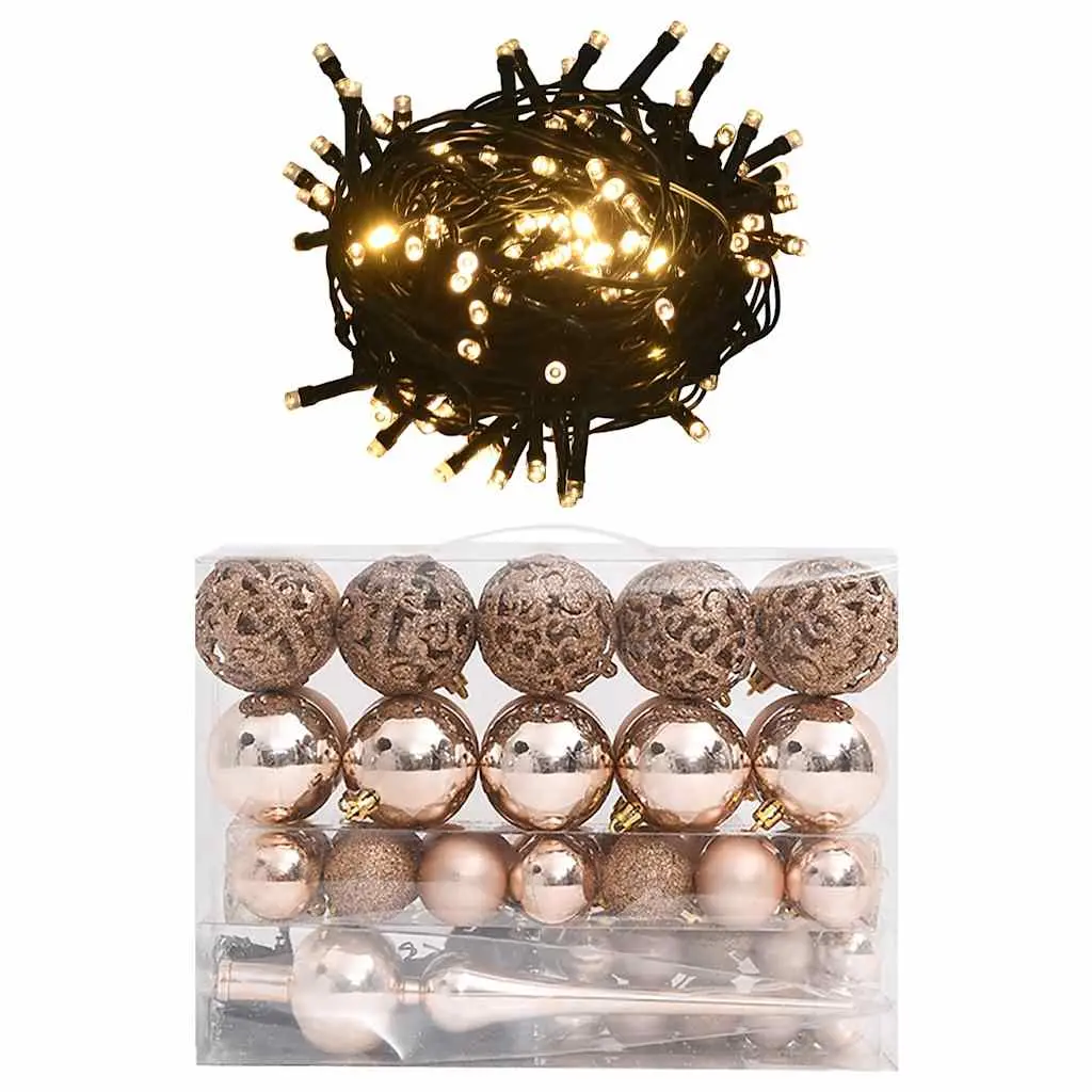 vidaXL Christmas Ball Set with Peak 60 Piece, Xmas Tree Decoration with LEDs, Christmas Lighting for Indoor Outdoor, Holiday Ornament, Rose Gold 330097
