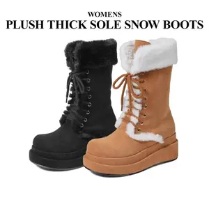 CYNLLIO Women Snow Boots Winter Warm Short Plush Lace-up Round Toe Platform Heel Mid Calf Boots Outdoors Non-slip Zipper Closure Comfortable Thick Chilly Day Booty Shoes