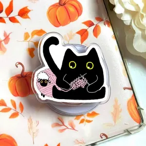 Cute Knitting Black Cat Phone Grip, Crochet Kitten Phone Holder, Kawaii Fiber Artist Gift, Aesthetic Yarn Ball Phone Accessory, Black Cat Lover Stand, Wool Sheep Phone Grip, Handmade Craft Gift