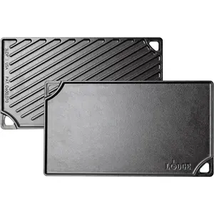 Double sided cast iron baking tray/pan - available on both sides, compatible with dual stove configuration, suitable for various foods such as fried eggs, pancakes, hamburgers, etc. - pre cured, non-toxic and safe - sturdy and durable baking tray - black
