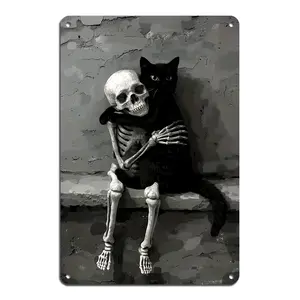 Vintage Black Cat and Skull Mural Reusable Aluminum Metal Iron Sign - 1 Piece Fun Day of the Dead Skull Painting Print - Home Decor for Age 14+
