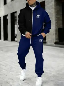 Men's Large Size Hooded Zipper Patchwork Jacket Set, Long Sleeve Fitted Casual Style, Fall & Winter Essential, Perfect Gift