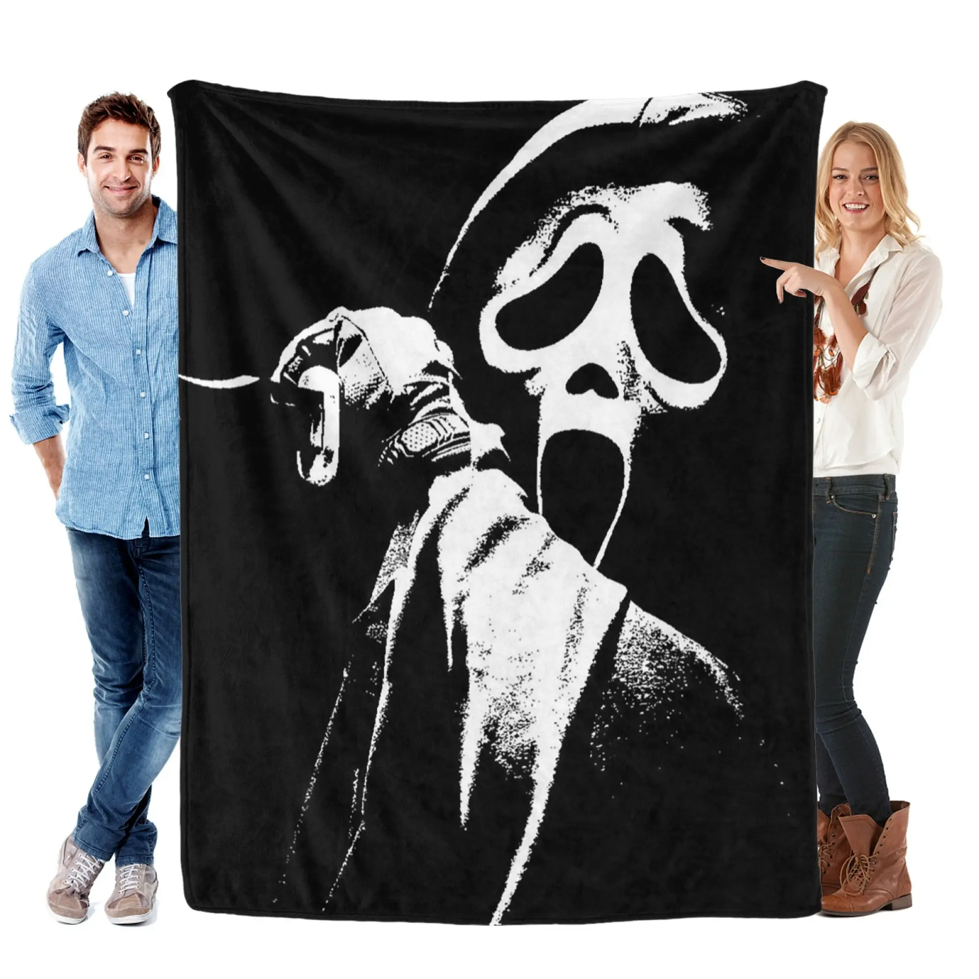 Scream Ghostface Monochrome Flannel Blanket - Soft Edgy Black-and-White Iconic Horror Vibe for Scream Movie Fans Ideal Thrilling Nostalgic Touch