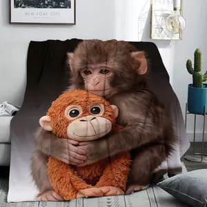 Cute Monkey & Gorilla Print Blanket, Soft Flannel Material, Plush Cartoon Pattern, Ideal for Air Conditioning, Sofa, Camping, Travel