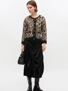 GANNI Leopard Cardigan - Long Sleeve Alpaca Merino Blend with Gold-tone Buttons & Front Pockets for Everyday Wear