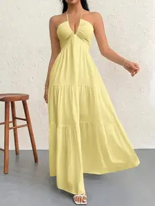 Women's Romantic Floral Print Beach Vacation Halter V Neck Ruched Back Strapless Sleeveless a Line Dress, Summer Hawaiian, Tea Party Gown, Graduation Dress