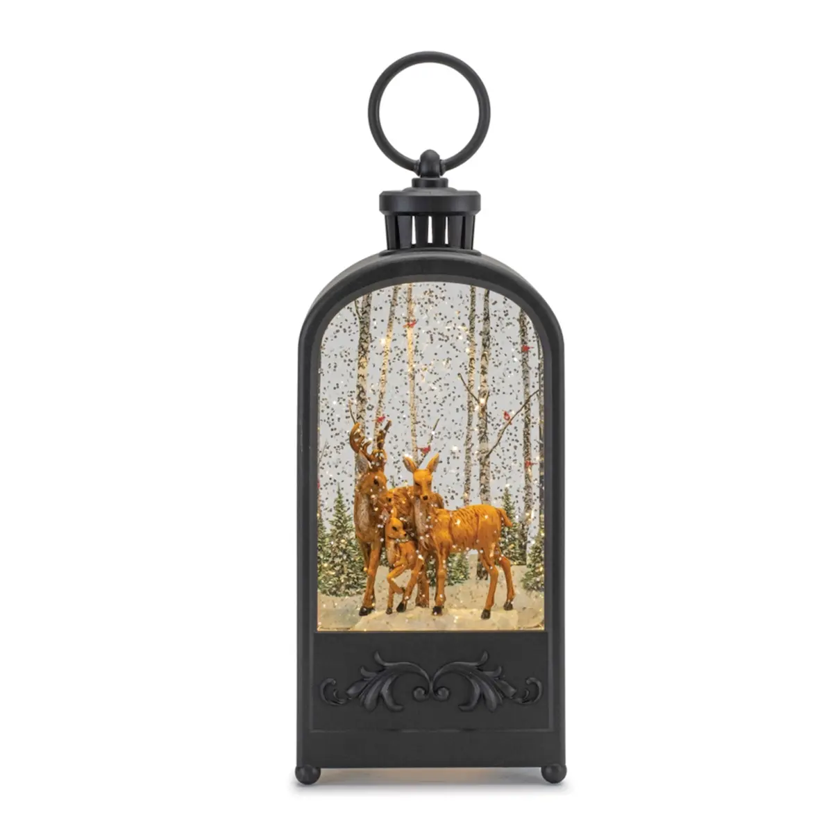 212 MAIN Plastic LED Christmas Snow Globe Lantern - 9.5 in., Deer Family Scene, Woodland Theme Holiday Decoration Ornaments, 6-Hour Timer, Bronze & Brown Finish, 3 AAA Batteries Not Included, USB Port Cord Included, Home Supplies