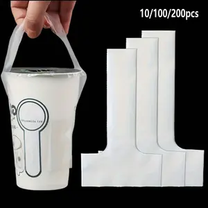 10/100/200pcs T-Type Milk Tea Takeaway Bags, Portable Drink Cup Carrier, Transparent Plastic Cup Sleeve with Handle, Suitable for Shops