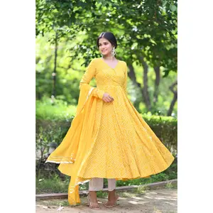 Yellow Bhandej Anarkali